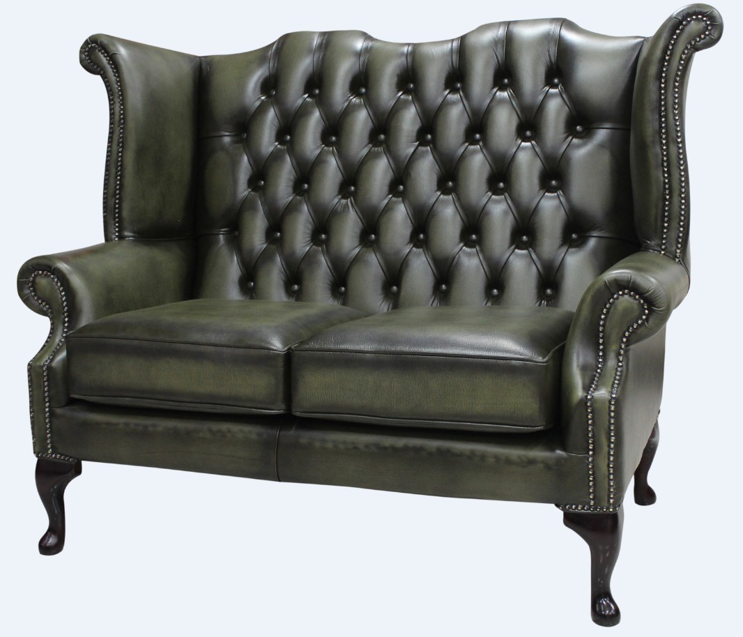 Product photograph of Chesterfield 2 Seater High Back Wing Sofa Antique Olive Leather In Queen Anne Style from Chesterfield Sofas.