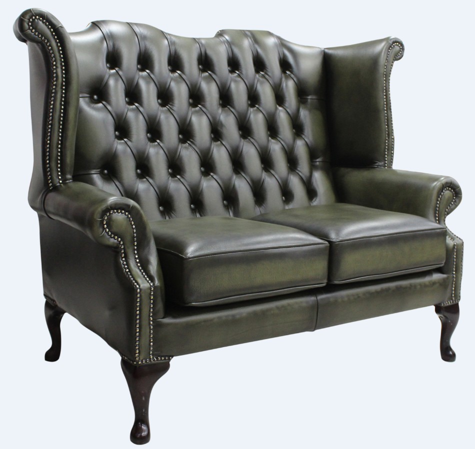 Product photograph of Chesterfield 2 Seater High Back Wing Sofa Antique Olive Leather In Queen Anne Style from Chesterfield Sofas.
