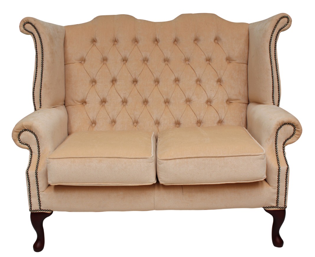 Product photograph of Chesterfield 2 Seater High Back Wing Sofa Chair Velluto Vanilla Fabric In Queen Anne Style from Chesterfield Sofas