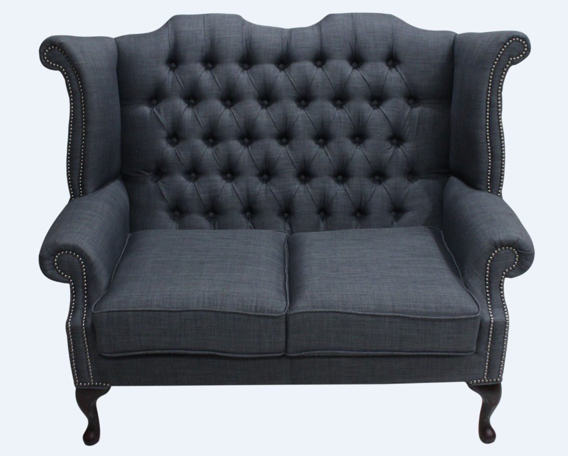Product photograph of Chesterfield 2 Seater High Back Wing Sofa Charles Charcoal Grey Linen Fabric In Queen Anne Style from Chesterfield Sofas