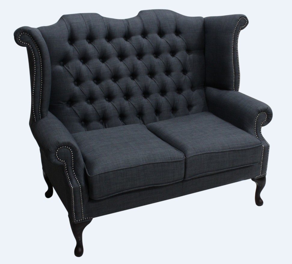 Product photograph of Chesterfield 2 Seater High Back Wing Sofa Charles Charcoal Grey Linen Fabric In Queen Anne Style from Chesterfield Sofas.