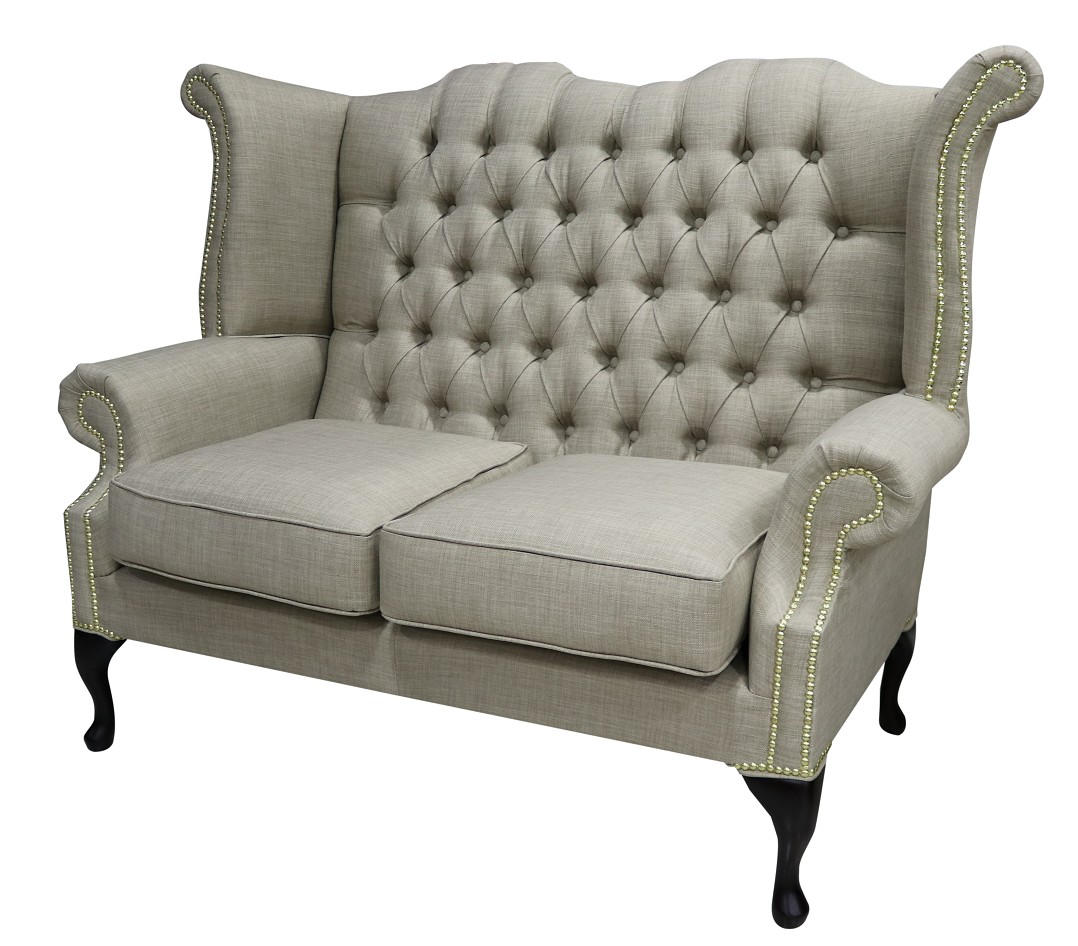Product photograph of Chesterfield 2 Seater High Back Wing Sofa Charles Fudge Linen Fabric In Queen Anne Style from Chesterfield Sofas.
