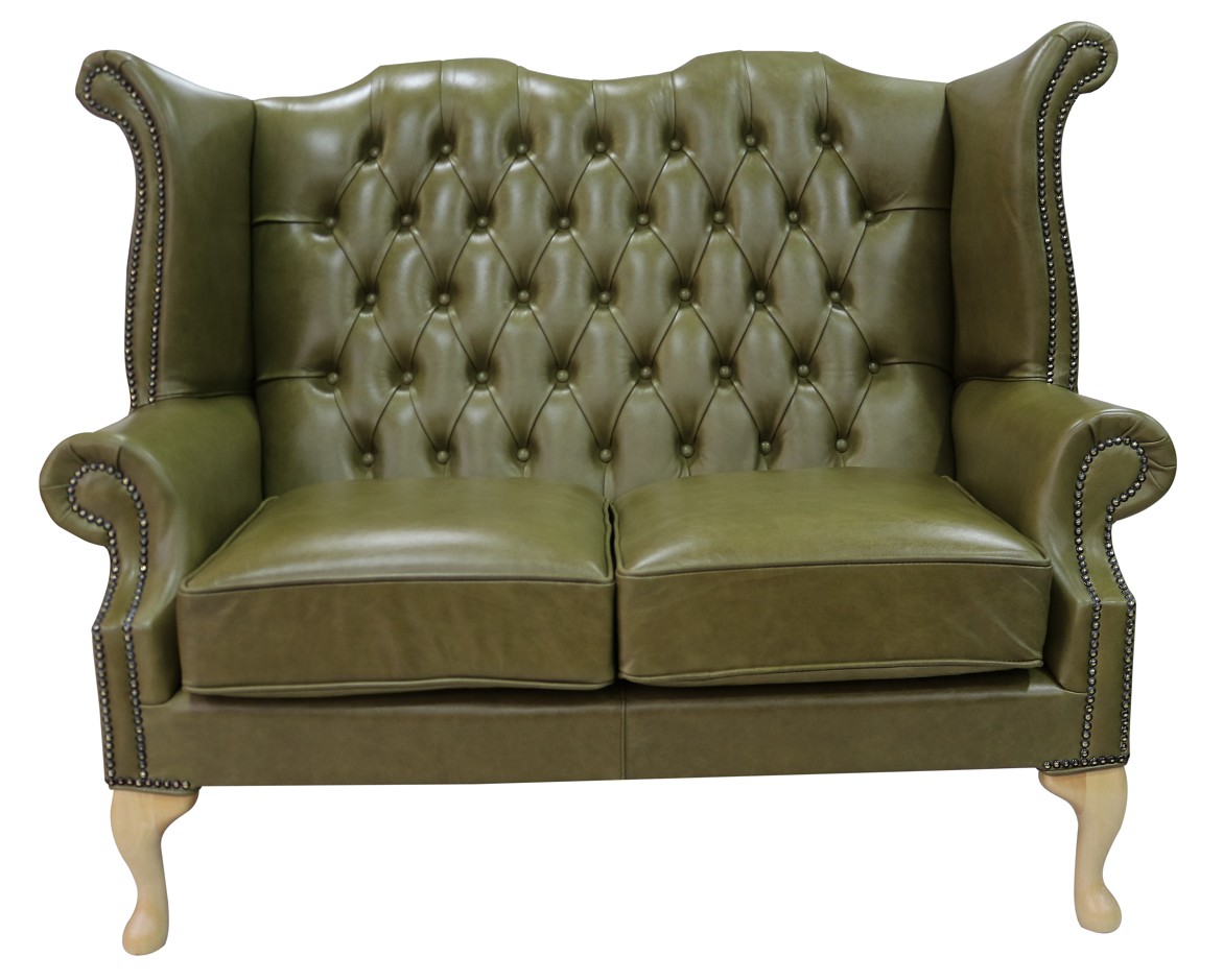 Product photograph of Chesterfield 2 Seater High Back Wing Sofa Old English Olive Green Leather In Queen Anne Style from Chesterfield Sofas