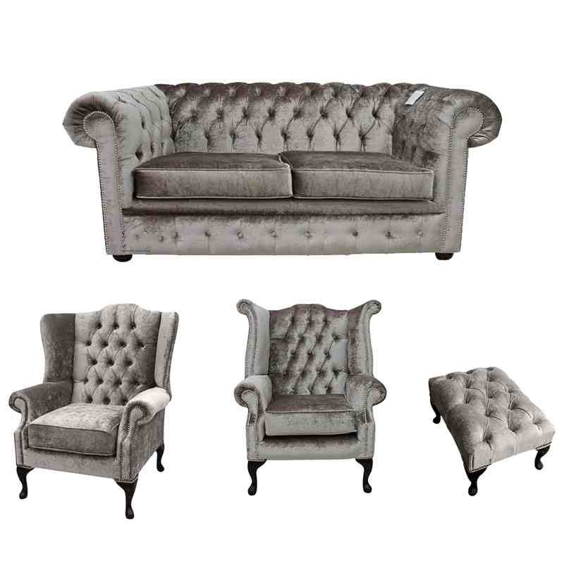 Product photograph of Chesterfield 2 Seater Mallory Chair Queen Anne Chair Footstool Verity Silver Fabric Sofa Suite from Chesterfield Sofas