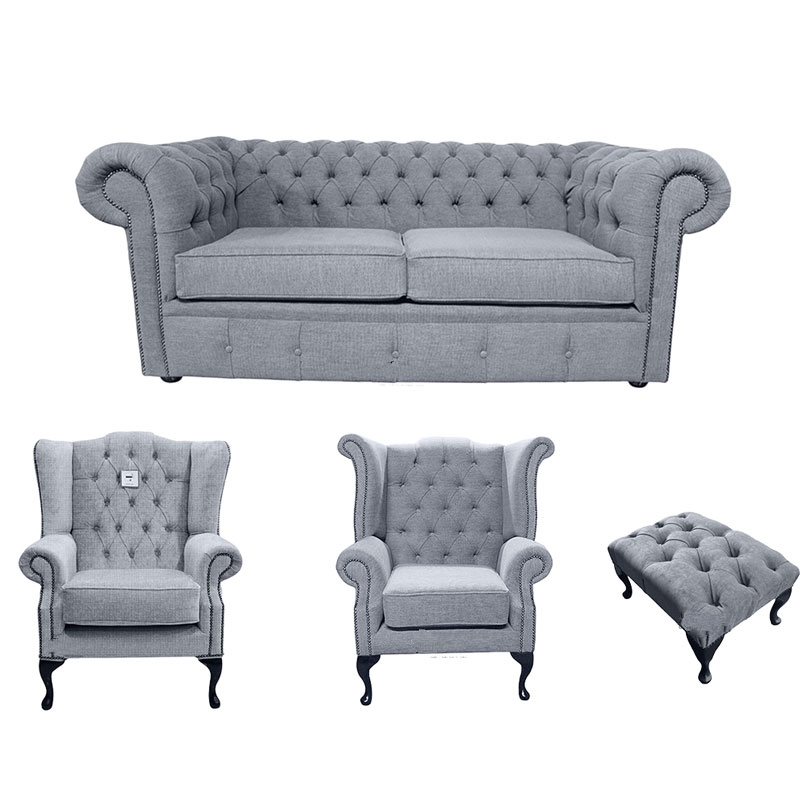 Product photograph of Chesterfield 2 Seater Mallory Chair Queen Anne Chair Footstool Verity Steel Grey Fabric Sofa Suite from Chesterfield Sofas