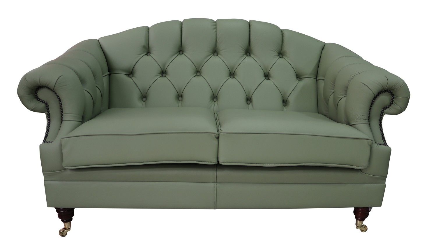 Product photograph of Chesterfield 2 Seater Pea Green Leather Sofa Settee Custom Made In Victoria Style from Chesterfield Sofas