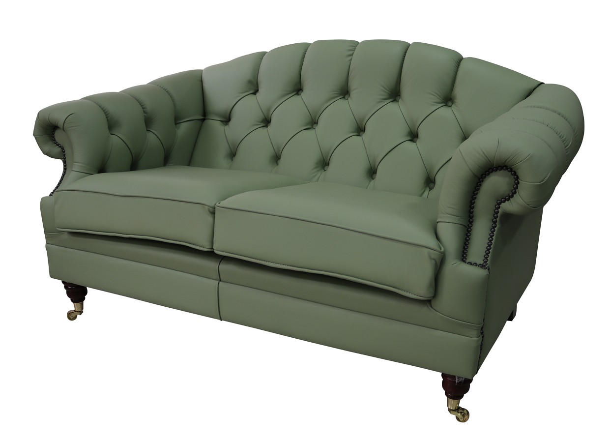 Product photograph of Chesterfield 2 Seater Pea Green Leather Sofa Settee Custom Made In Victoria Style from Chesterfield Sofas.