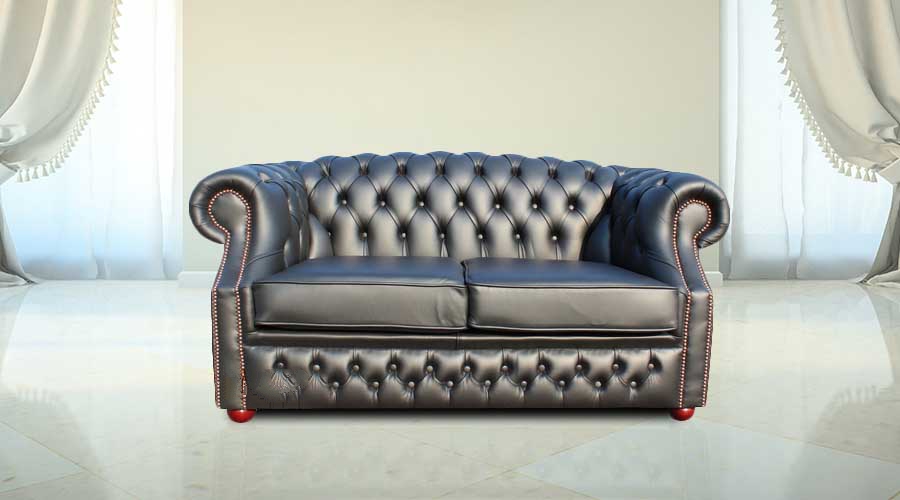 Product photograph of Chesterfield 2 Seater Shelly Black Real Leather Sofa Bespoke In Buckingham Style from Chesterfield Sofas