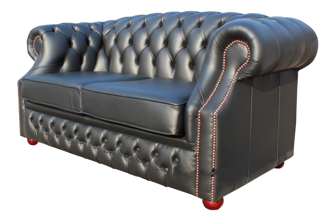 Product photograph of Chesterfield 2 Seater Shelly Black Real Leather Sofa Bespoke In Buckingham Style from Chesterfield Sofas.