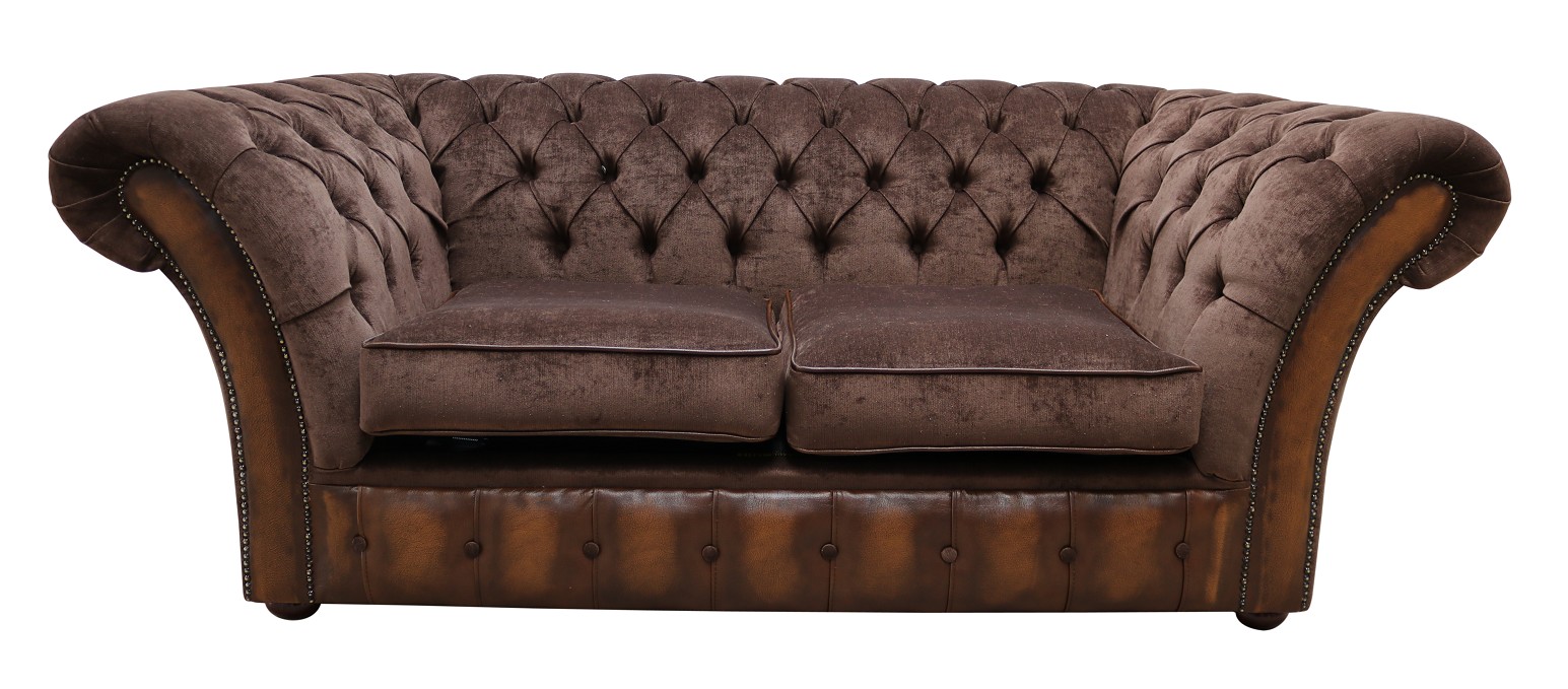 Product photograph of Chesterfield 2 Seater Sofa Antique Tan Leather Pimlico Mocha Fabric In Jepson Style from Chesterfield Sofas