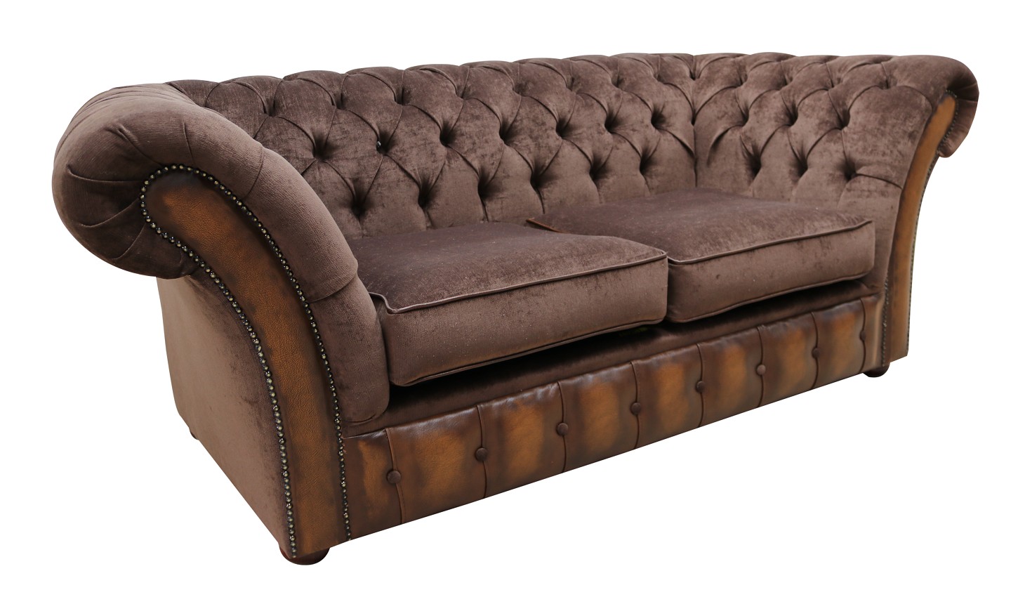 Product photograph of Chesterfield 2 Seater Sofa Antique Tan Leather Pimlico Mocha Fabric In Jepson Style from Chesterfield Sofas.