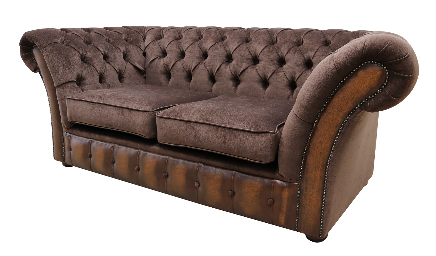 Product photograph of Chesterfield 2 Seater Sofa Antique Tan Leather Pimlico Mocha Fabric In Jepson Style from Chesterfield Sofas.