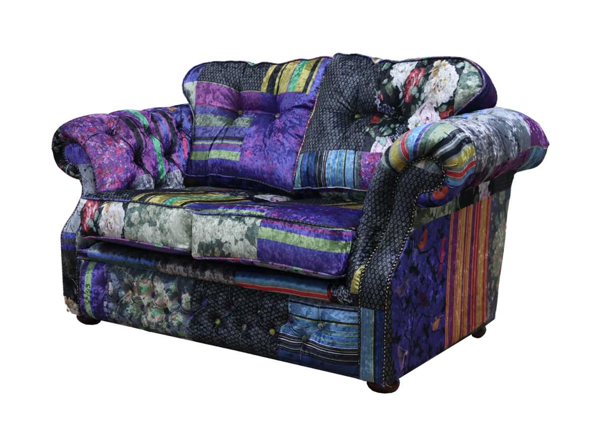 Product photograph of Chesterfield 2 Seater Sofa London Patchwork Multi Velvet Fabric In Era Style from Chesterfield Sofas.