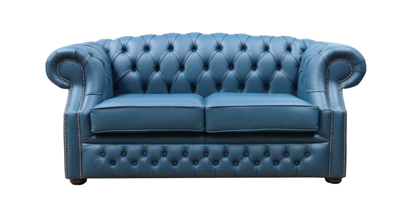 Product photograph of Chesterfield 2 Seater Sofa Majolica Blue Real Leather In Buckingham Style from Chesterfield Sofas