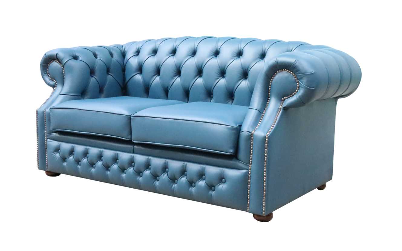 Product photograph of Chesterfield 2 Seater Sofa Majolica Blue Real Leather In Buckingham Style from Chesterfield Sofas.