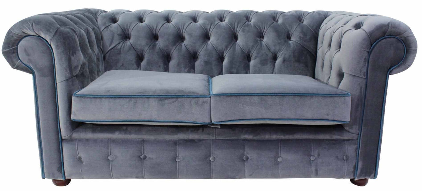 Product photograph of Chesterfield 2 Seater Sofa Malta Grey Blue Piping Velvet Fabric In Classic Style from Chesterfield Sofas.