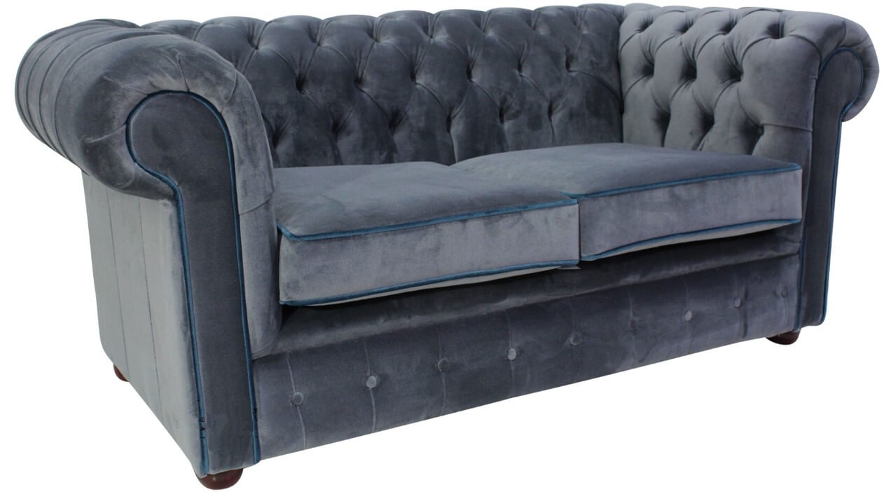 Product photograph of Chesterfield 2 Seater Sofa Malta Grey Blue Piping Velvet Fabric In Classic Style from Chesterfield Sofas.