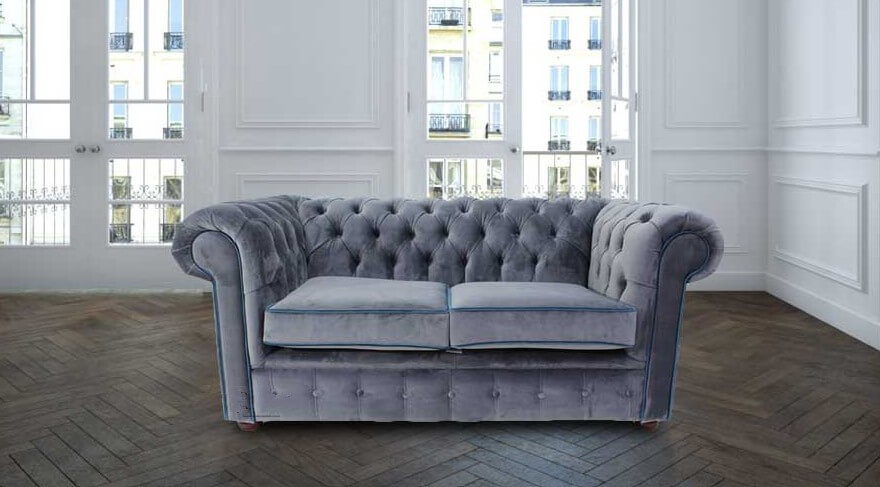 Product photograph of Chesterfield 2 Seater Sofa Malta Grey Blue Piping Velvet Fabric In Classic Style from Chesterfield Sofas