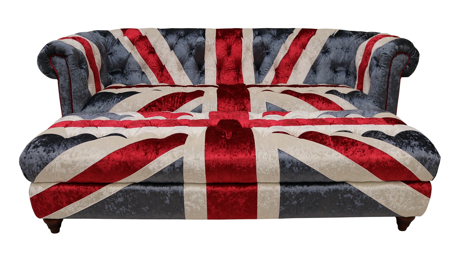 Product photograph of Chesterfield 2 Seater Sofa Plush Velvet With Matching Footstool In Union Jack Style from Chesterfield Sofas