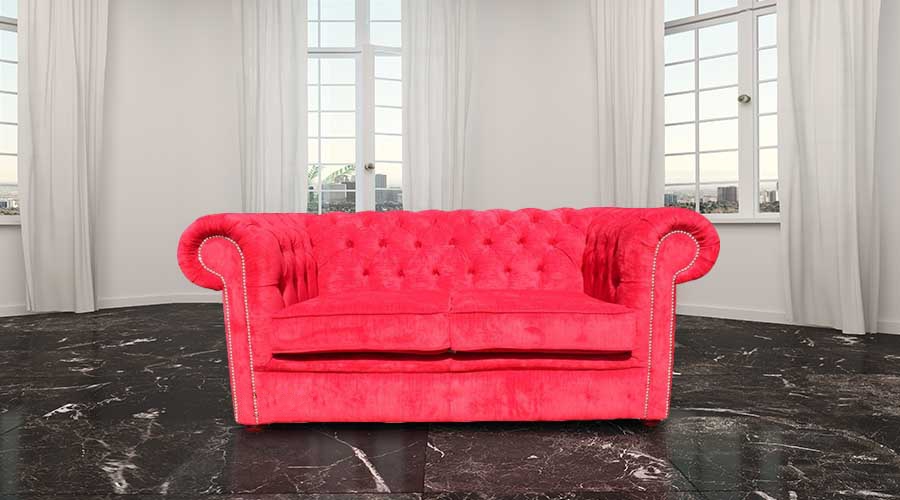 Product photograph of Chesterfield Classic 2 Seater Sofa Settee Azzuro Post Box Red Real Velvet Fabric In Stock from Chesterfield Sofas