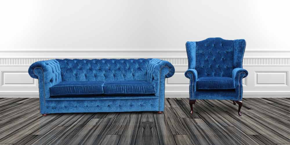Product photograph of Chesterfield 2 Seater Wing Chair Sofa Suite In Royal Blue Velvet Fabric from Chesterfield Sofas