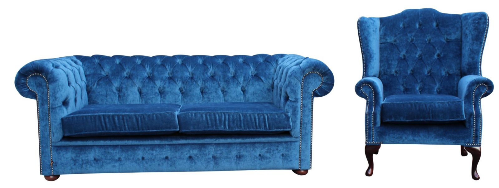Product photograph of Chesterfield 2 Seater Wing Chair Sofa Suite In Royal Blue Velvet Fabric from Chesterfield Sofas.