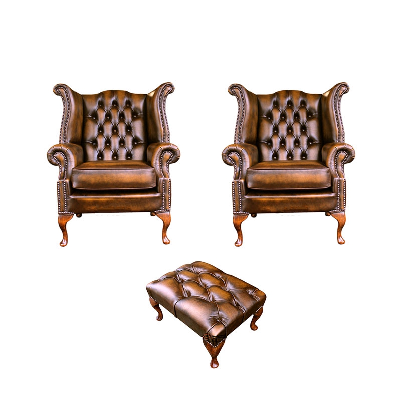 Product photograph of Chesterfield 2 X Chairs Footstool Antique Gold Leather Chairs Offer In Queen Anne Style from Chesterfield Sofas