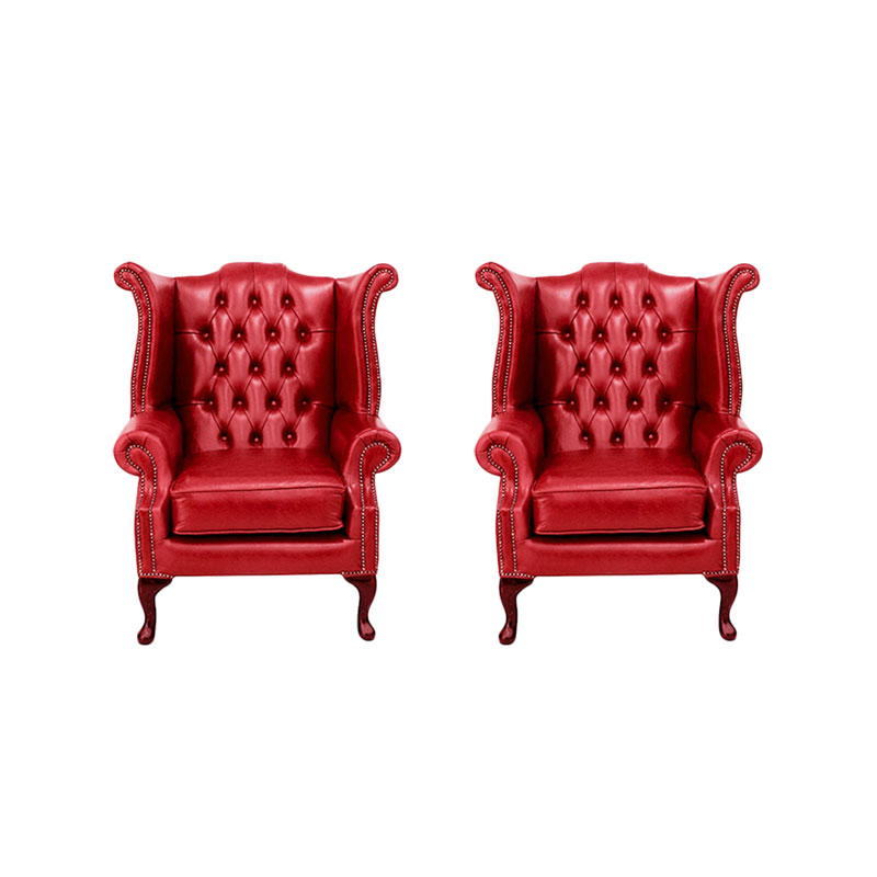Product photograph of Chesterfield 2 X Chairs Old English Gamay Red Leather Chairs Offer In Queen Anne Style from Chesterfield Sofas