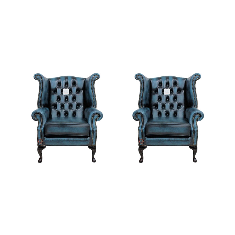 Product photograph of Chesterfield 2 X High Back Chairs Antique Blue Leather Bespoke In Queen Anne Style from Chesterfield Sofas