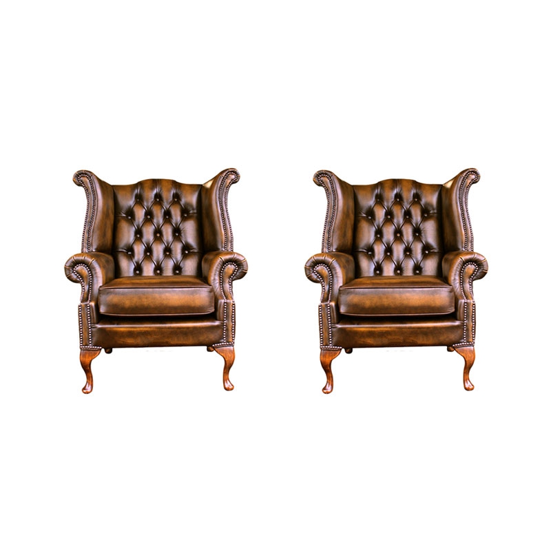 Product photograph of Chesterfield 2 X High Back Chairs Antique Gold Leather Bespoke In Queen Anne Style from Chesterfield Sofas