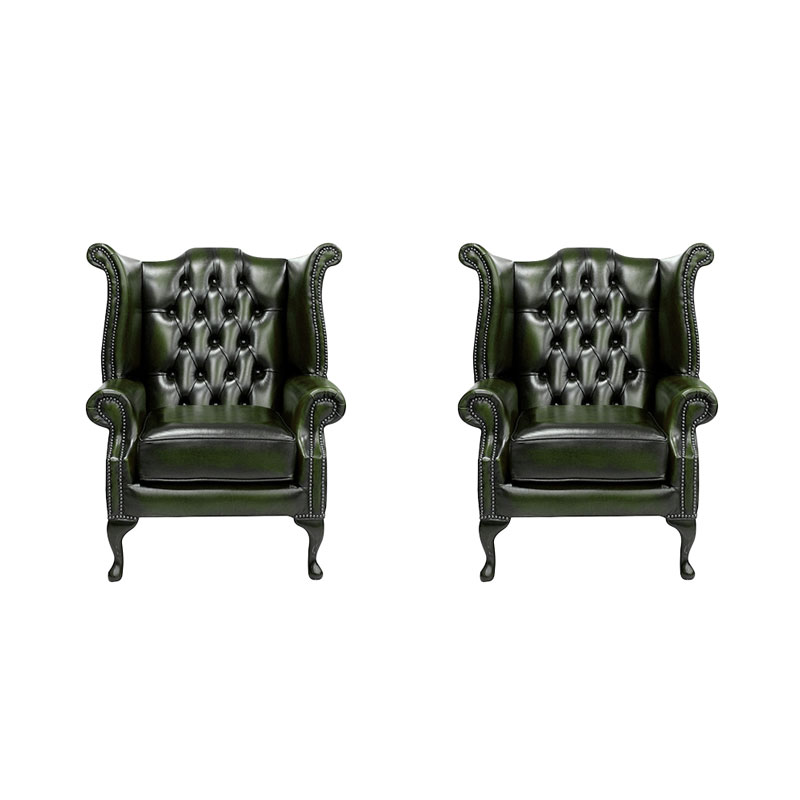Product photograph of Chesterfield 2 X High Back Chairs Antique Green Leather Bespoke In Queen Anne Style from Chesterfield Sofas