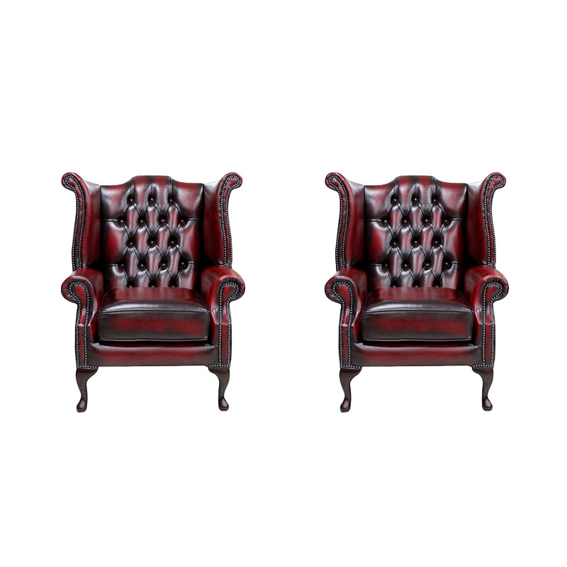 Product photograph of Chesterfield 2 X High Back Chairs Antique Oxblood Red Real Leather Bespoke In Queen Anne Style from Chesterfield Sofas