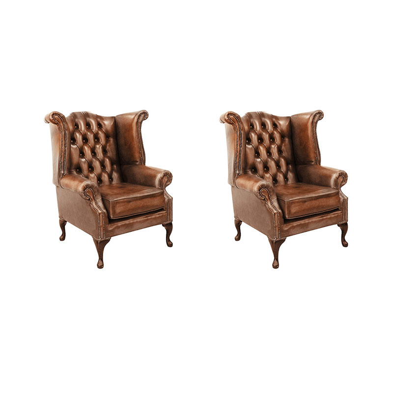 Product photograph of Chesterfield 2 X High Back Chairs Antique Tan Leather Bespoke In Queen Anne Style from Chesterfield Sofas