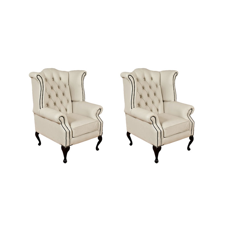 Product photograph of Chesterfield 2 X High Back Chairs Ivory Leather Bespoke In Queen Anne Style from Chesterfield Sofas