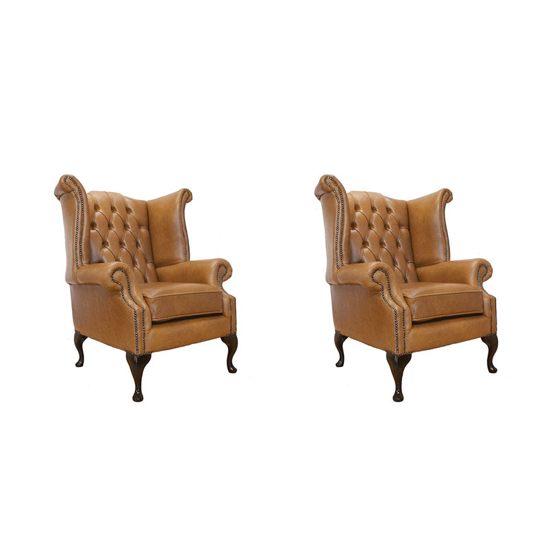 Product photograph of Chesterfield 2 X High Back Chairs Old English Tan Leather Bespoke In Queen Anne Style from Chesterfield Sofas