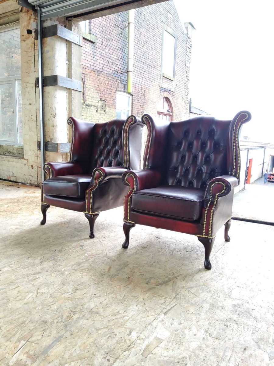 Product photograph of Chesterfield 2 X High Back Chairs Antique Oxblood Red Real Leather Bespoke In Queen Anne Style from Chesterfield Sofas.