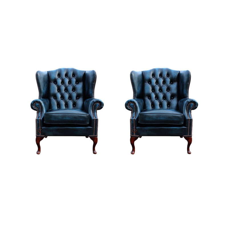 Product photograph of Chesterfield 2 X Wing Chair Antique Blue Leather Bespoke In Mallory Style from Chesterfield Sofas