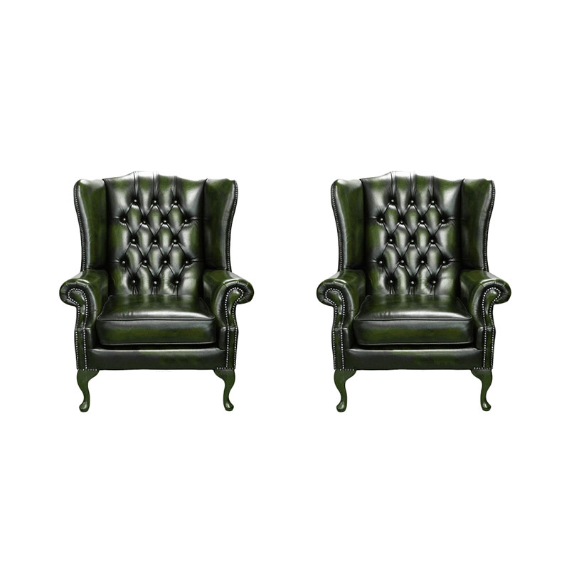 Product photograph of Chesterfield 2 X Wing Chair Antique Green Leather Bespoke In Mallory Style from Chesterfield Sofas