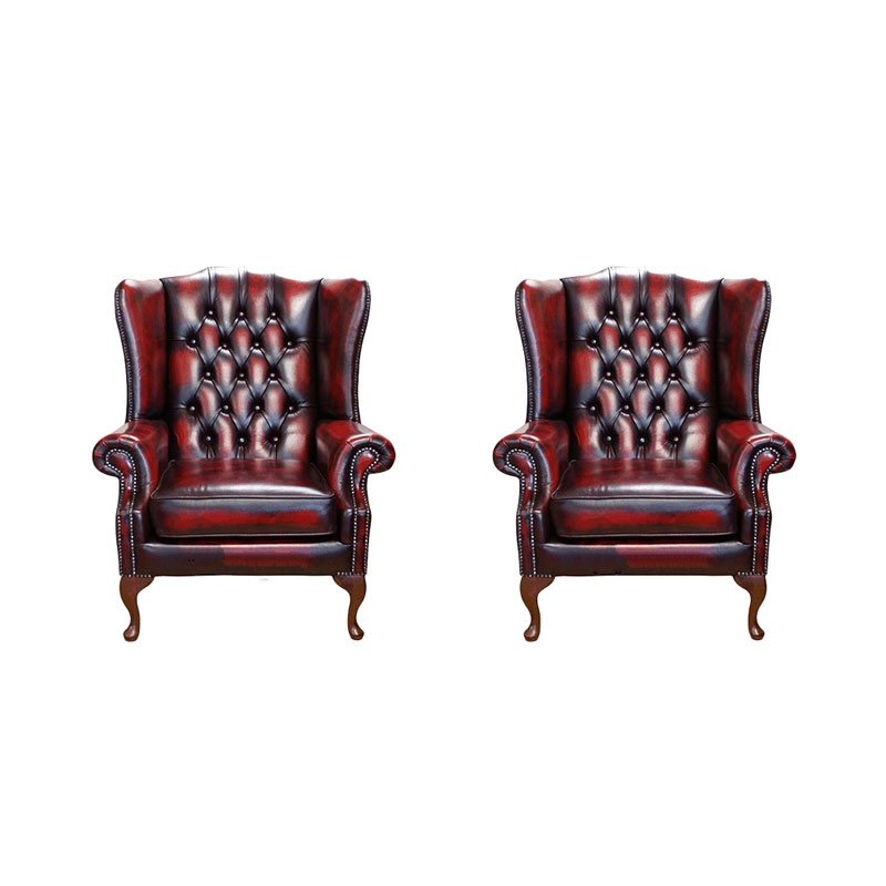 Product photograph of Chesterfield 2 X Wing Chair Antique Oxblood Leather Bespoke In Mallory Style from Chesterfield Sofas