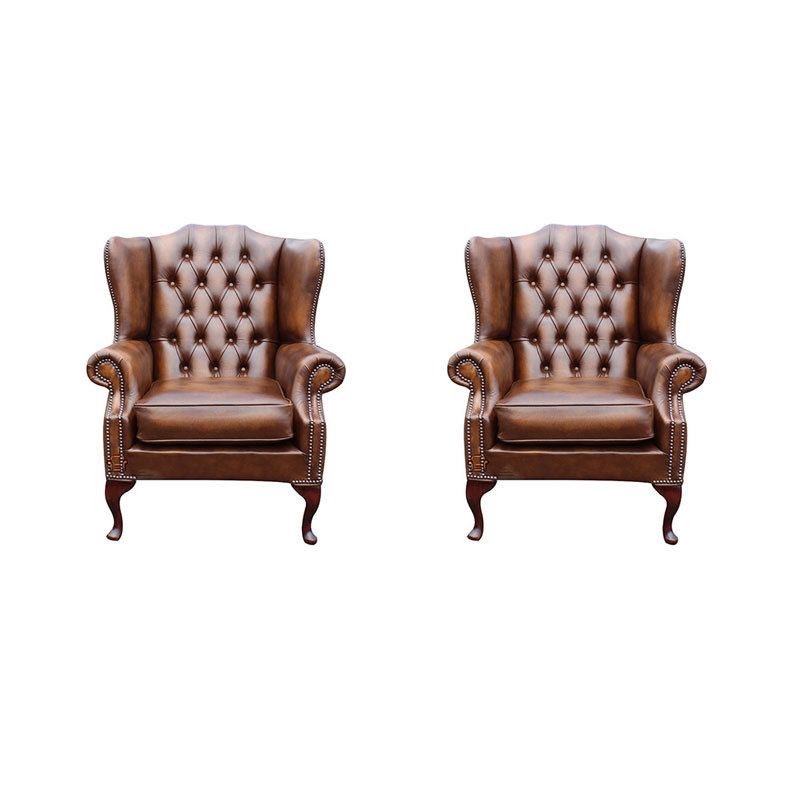 Product photograph of Chesterfield 2 X Wing Chair Antique Tan Leather Bespoke In Mallory Style from Chesterfield Sofas