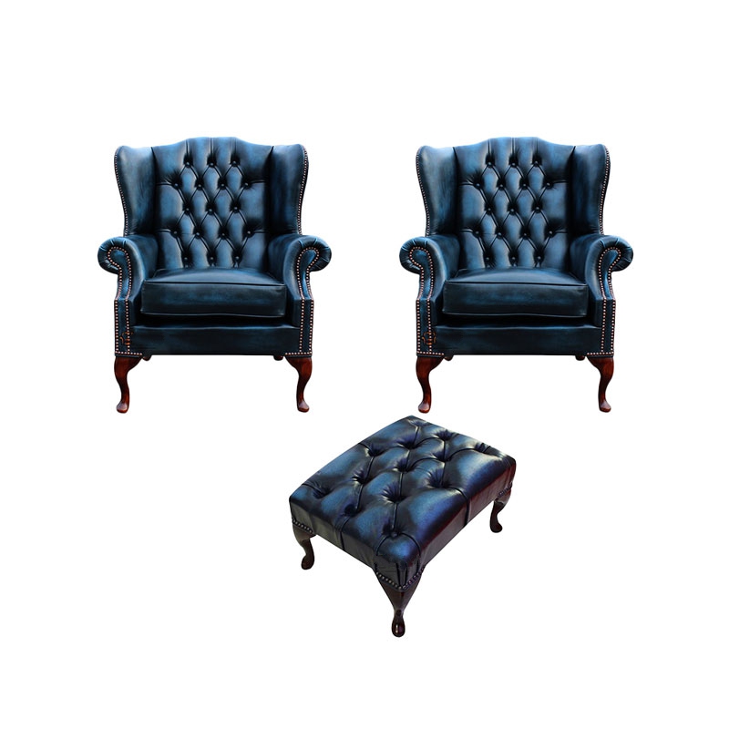 Product photograph of Chesterfield 2 X Wing Chair Footstool Antique Blue Leather In Mallory Style from Chesterfield Sofas