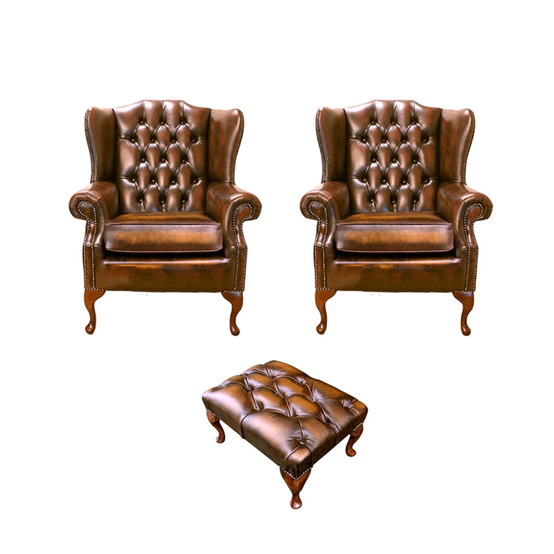 Product photograph of Chesterfield 2 X Wing Chair Footstool Antique Gold Leather In Mallory Style from Chesterfield Sofas