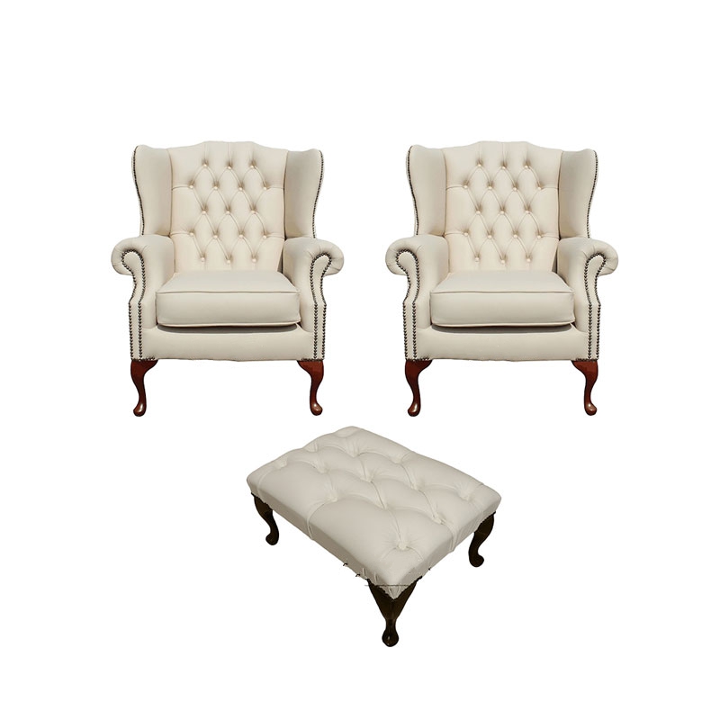 Product photograph of Chesterfield 2 X Wing Chair Footstool Ivory Leather In Mallory Style from Chesterfield Sofas