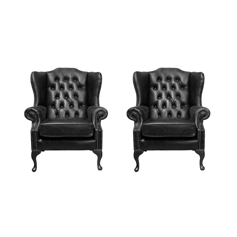 Product photograph of Chesterfield 2 X Wing Chair Old English Black Leather Bespoke In Mallory Style from Chesterfield Sofas