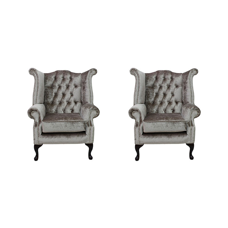 Product photograph of Chesterfield 2 X Wing Chairs Boutique Beige Velvet Bespoke In Queen Anne Style from Chesterfield Sofas