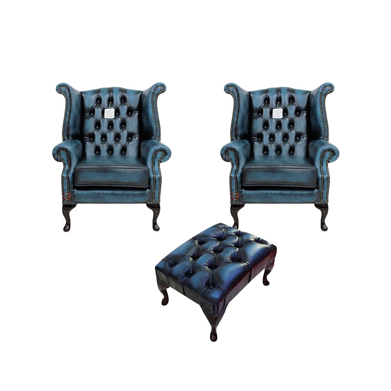 Product photograph of Chesterfield 2 X Wing Chairs Footstool Antique Blue Leather In Queen Anne Style from Chesterfield Sofas