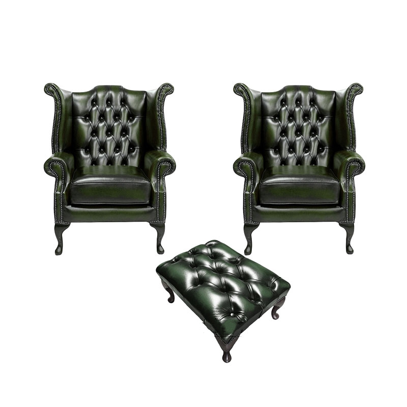 Product photograph of Chesterfield 2 X Wing Chairs Footstool Antique Green Leather In Queen Anne Style from Chesterfield Sofas