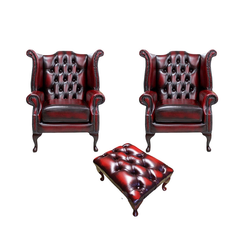 Product photograph of Chesterfield 2 X Wing Chairs Footstool Antique Oxblood Leather In Queen Anne Style from Chesterfield Sofas