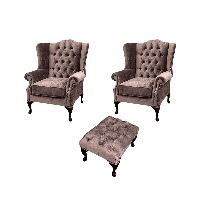 Product photograph of Chesterfield 2 X Wing Chairs Footstool Harmony Charcoal Velvet In Mallory Style from Chesterfield Sofas