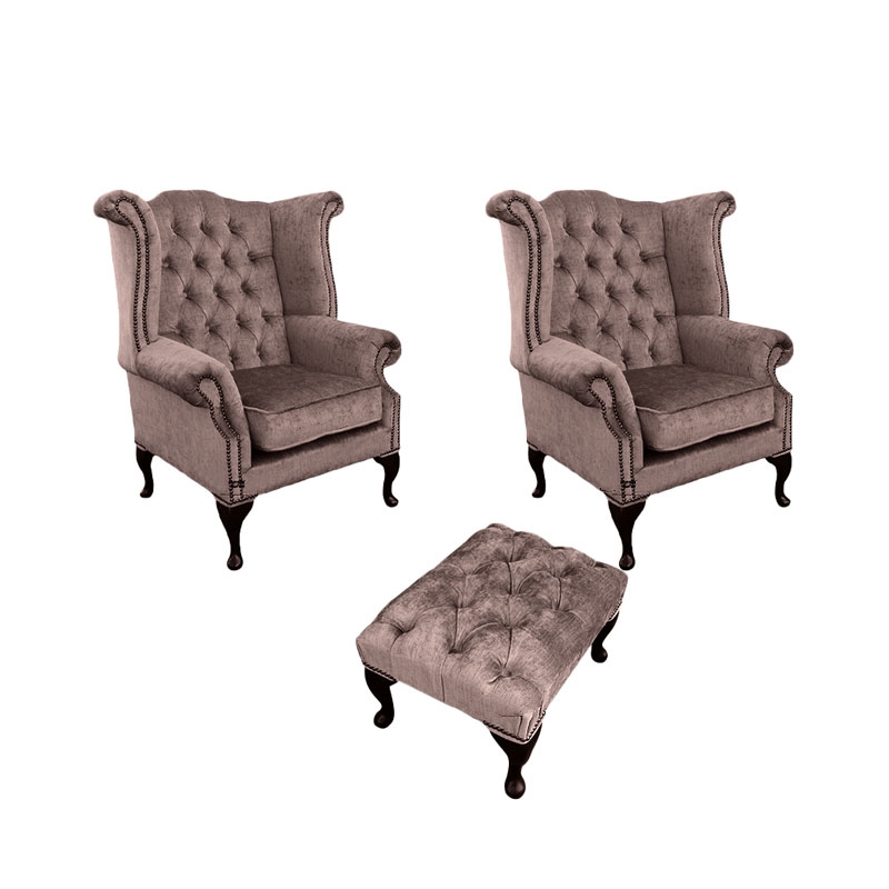 Product photograph of Chesterfield 2 X Wing Chairs Footstool Harmony Charcoal Velvet In Queen Anne Style from Chesterfield Sofas